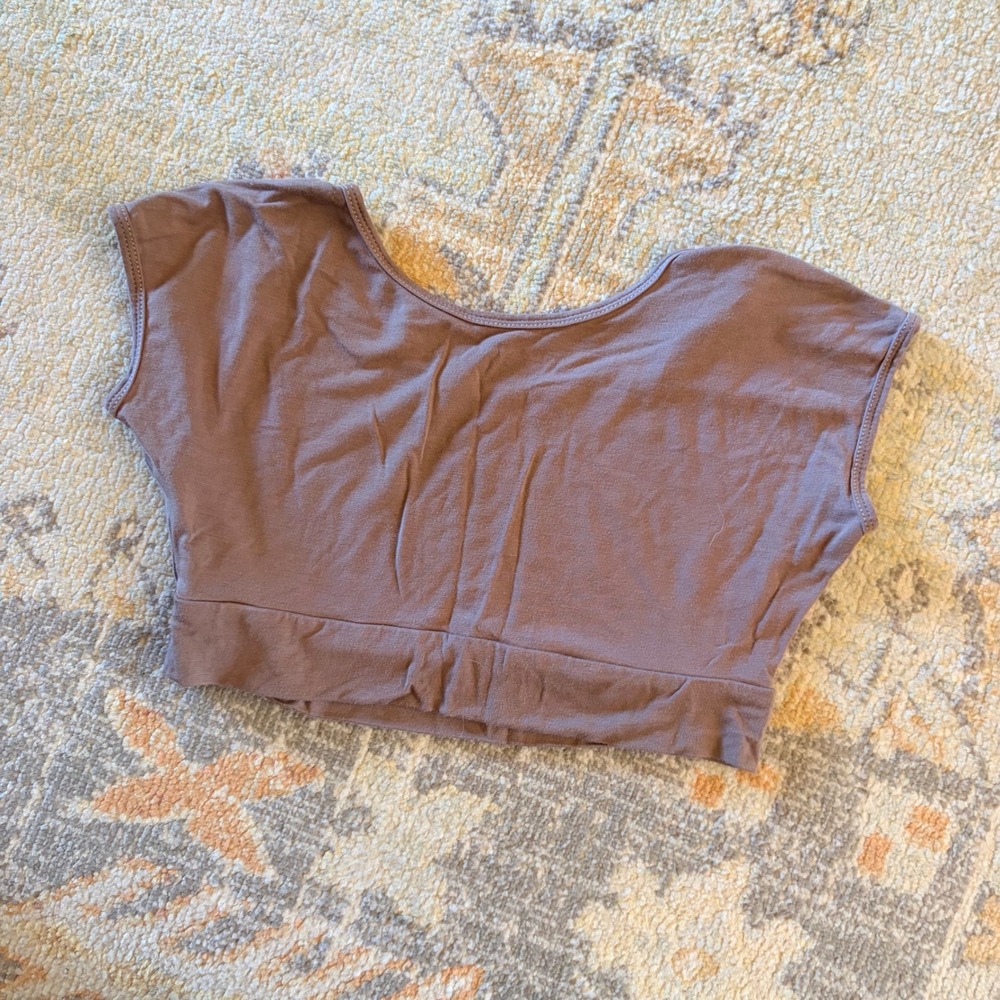 Halftee Womens Brown Rayon Spandex Layering Crop Cap Sleeve Top LDS Garments M - Picture 2 of 4